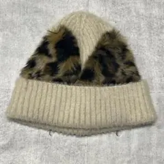 猫耳 ニット帽 レオパード ファー 折り返し リブ KNIT CAP ビーニー