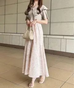 アプレジュール 半袖 花柄ドッキングワンピース ベージュ ピンク M