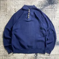 80s エディーバウアー 黒タグ ヘンリーネック ニット ネイビー オールド