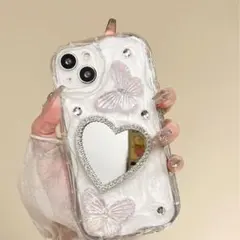 iPhone14 透明ケース 蝶とハートデザイン　鏡付き