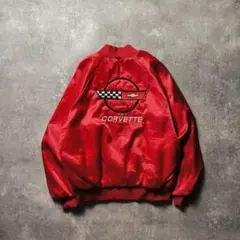 90sUSA製AUBURNサテンスタジャン刺繍企業ロゴユニセックス短丈レッド赤L