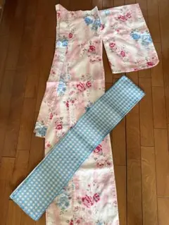 浴衣・帯セット ピンク花柄 水色チェック