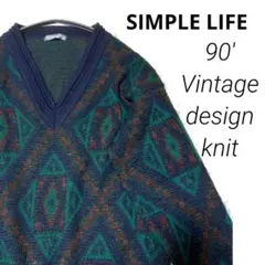 SIMPLE LIFE ダイヤモンドパターン Vネックニット Mサイズのサムネイル