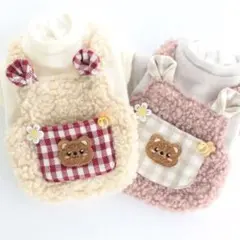 犬服犬の服暖か秋冬くま耳ポケットチェックもこもこトップス　ピンクM