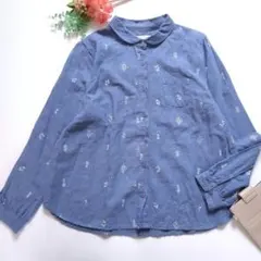 k148　cloudnine 綿麻混 花柄刺繍 長袖シャツ M〜L ブルー 人気のサムネイル