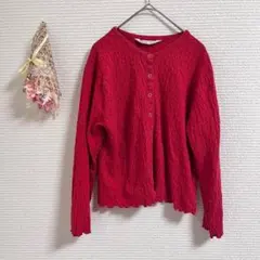 【ポットアンドストライプ】花柄 長袖カーディガン レッド 秋 F フェミニン