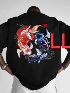 10-8　新品　LL　赤と青の2匹の錦鯉　おもしろTシャツ　半袖Tシャツ　面白い