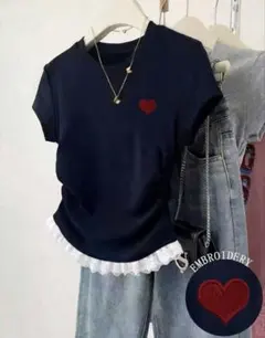 ハート刺繍 レース付き 半袖Tシャツ ネイビー