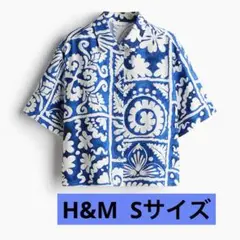 H&M 半袖ツイルシャツ 柄シャツ アロハ ブルー 青