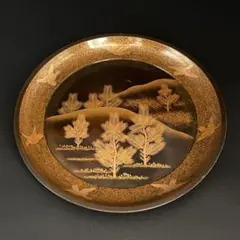 明治時代 本金 蒔絵 梨子地 若松図 丸盆 八寸五分 日本料理 料亭 割烹 ②