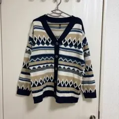LOGOS DAYS　総柄　ネイビー　Ｖネック　カーディガン　ニット