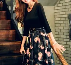 ≪M≫レトロな大人ワンピ★切替えドッキングワンピース 花柄 ブラック