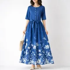 新品タグ付⭐️ロングワンピース 花柄 ブルー 五分袖 ウエストゴム M〜L相当
