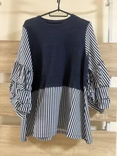 ネイビー ストライプ ベストドッキング　チュニック　長袖ブラウス