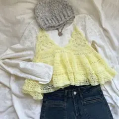 透け感フリルキャミソール　春色　ガーリー　ハンドメイド　ビスチェ　イエロー　黄色