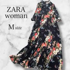 【完売品】ザラ シャツワンピース マキシ丈 花柄 和柄 七分袖 羽織 黒 M