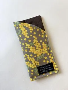 ハンドメイド　メガネケース　ミモザ　モカ