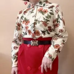 希少 ヴィンテージ 花柄 総柄 シャツブラウス 昭和レトロ 一点物 白 ピンク