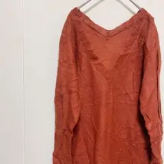 オレンジ ブラウン系Vネック フリル ロングワンピース