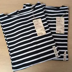 ボートネック　洗いざらし　太番手　九分袖T　 M 黒白のボーダー　MUJI