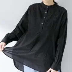 新品　サニーレーベル　スタンドフリルカラーコットンタックドレスシャツ　ブラックのサムネイル