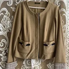 ノーカラージャケット ベージュチェック　ウール100% 日本製