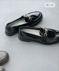 晴雨兼用 レインシューズ ブラック ローファー ゴールドチェーン