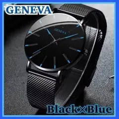 GENEVA 腕時計 ブラック×ブルー ステンレス ベルト　メンズ