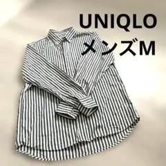 【美品】UNIQLO 綿100%緑と白のストライプ長袖シャツM ユニクロ
