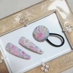 超買い得♡お揃い リバティひらひらレース付 くるみボタン ヘアゴム 3