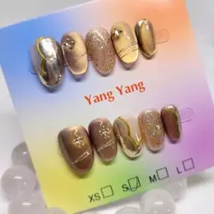 【Sサイズ】 ネイルチップ ブラウン ゴールド マグネット No.28