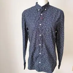 美品❗️【H&M スリムフィット】ネイビー 幾何学模様 ボタンダウン長袖シャツ　M