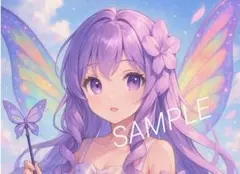 女の子イラスト ラベンダー髪 紫ワンピース 妖精 羽根 蝶 No.165