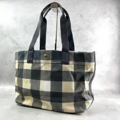 【中古】COACH コーチ チェック柄トートバッグ ネイビー アイボリー