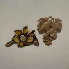 木彫り ブローチ ヴィンテージ レトロ 2点セット まとめ売り