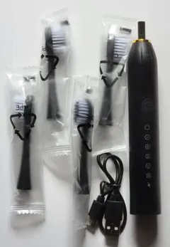 未使用 電動歯ブラシ 本体 替えブラシ4本 USB充電式 IPX7 ブラック