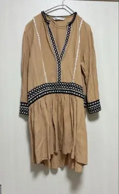 ZARA ザラ 刺繍 チュニック ワンピース キャメル S リネン