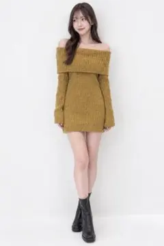 Cherimi シェリミー オフショルニットワンピース ブラウン