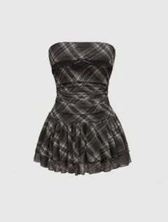 shein ブラック レトロチェック柄 オフショルワンピース ノースリーブ