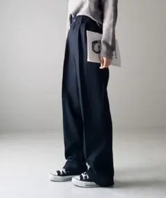 me+em select 太ベルトハイウエストウールライクカラータックスラックス