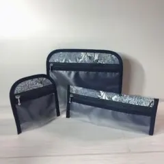 ハンドメイド/ネイビーリバティ風花柄のラウンドクリアポーチ3点セット