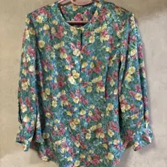 花柄 長袖シャツ 青