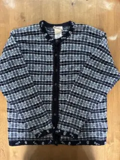 長袖カーディガン ネイビー系チェック　古着　レトロ
