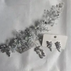 シルバー ヘッドドレス　ピアスセット　3点　ウェディング　パーティー　ドレス