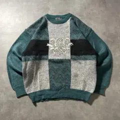 ヴィンテージ ミントグリーン 切替 刺繍 ワンポイントロゴ ニット セーター