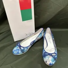 【美品】銀座かねまつ　フラットシューズ　スパンコール　ブルー花柄 23.5㎝
