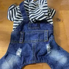 犬服 ストライプシャツ デニムオーバーオール