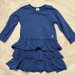 プチバトー　青水玉　長袖ワンピース　フリル