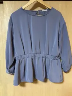 ブルー　五分袖ブラウス ウエストゴム　ハニーズ