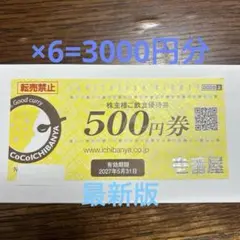 最新版　CoCo壱番屋　株主優待　500×6=3000円分のサムネイル